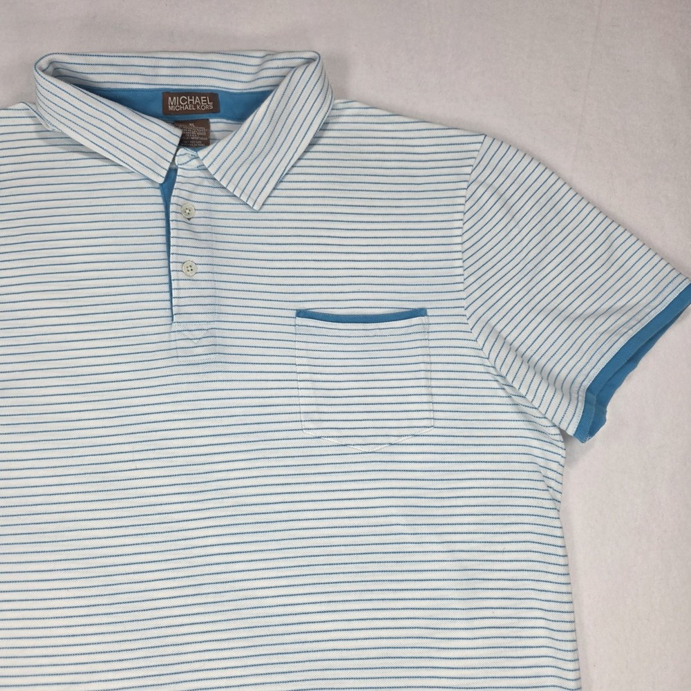 Vintage Men's Michael Kors Blue Amd White Striped Polo Shirt XL Made In USA!